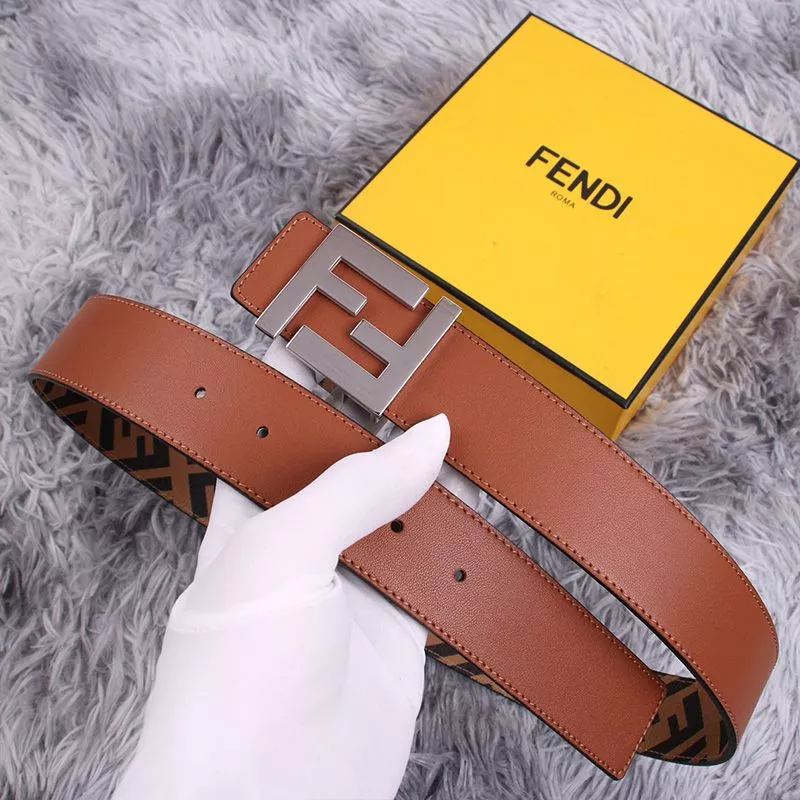 Affordable HOT Fendi FF Buckle Reversible Belt In FF Motif Fabric and Nappa Leather Brown Silver 0117