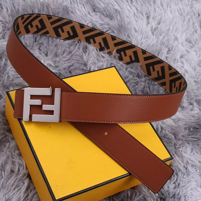 HOT Fendi FF Buckle Reversible Belt In FF Motif Fabric and Nappa Leather Brown Silver 0117