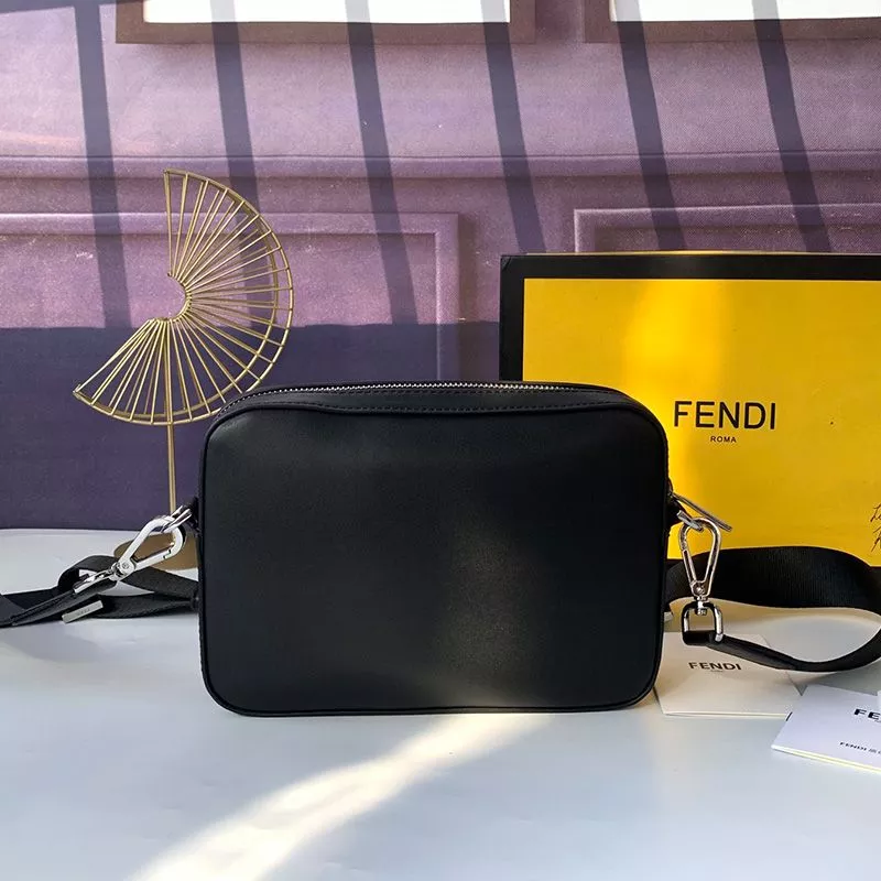 Affordable HOT Fendi Compact Camera Case In ROMA Logo Calf Leather Black 0115