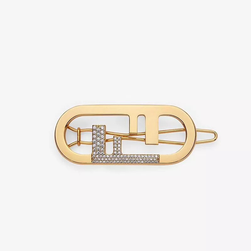 HOT Fendi O'Lock Hair Clip In Crystal Metal Gold 0113