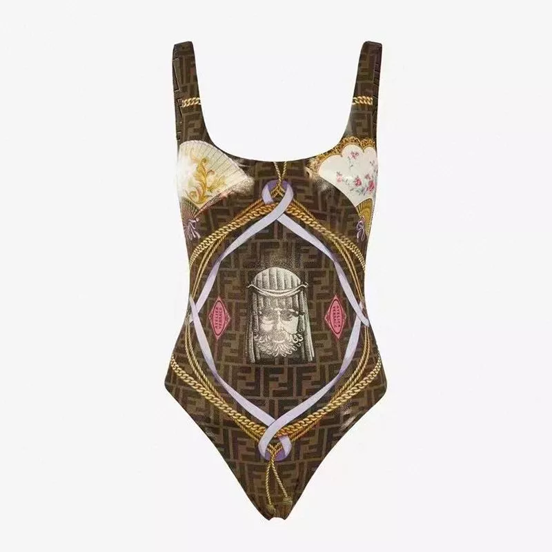 HOT Fendi Reversible Swimsuit Women Fendace FF Motif Lycra Brown 0116