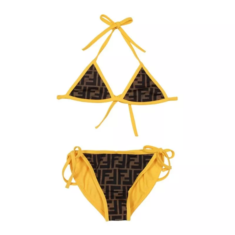 HOT Fendi Triangle Bikini with Ties Women FF Motif Lycra Brown Yellow 0119