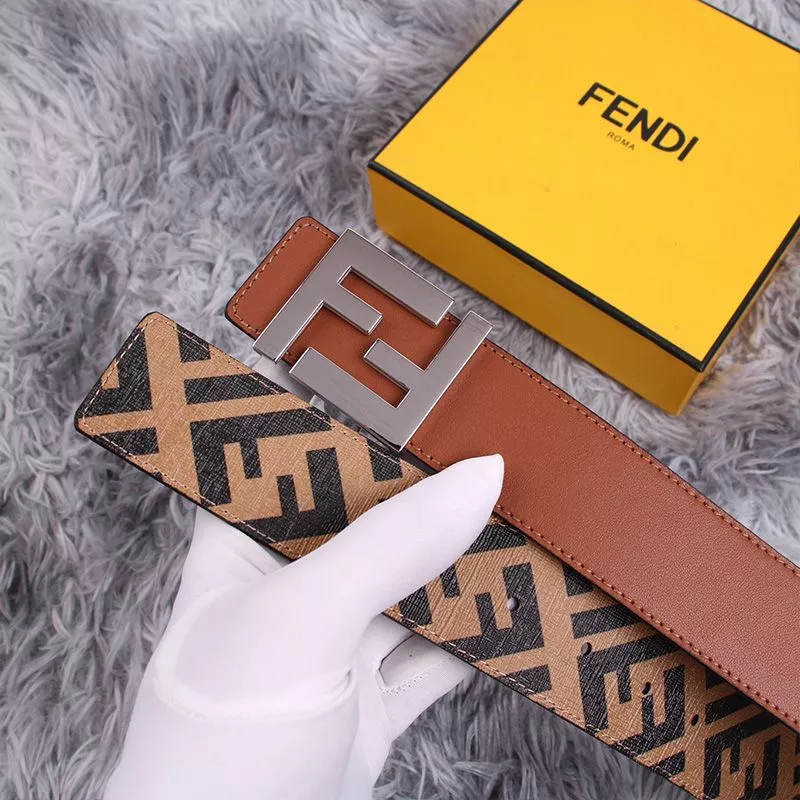 Affordable HOT Fendi FF Buckle Reversible Belt In FF Motif Fabric and Nappa Leather Brown Silver 0117