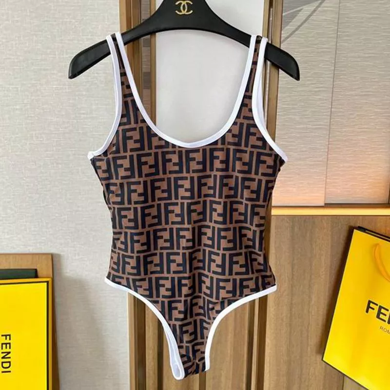 Vintage HOT Fendi Swimsuit Women FF Motif Lycra Brown White 0116