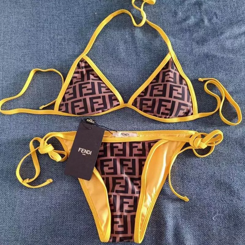 Cheap HOT Fendi Triangle Bikini with Ties Women FF Motif Lycra Brown Yellow 0119