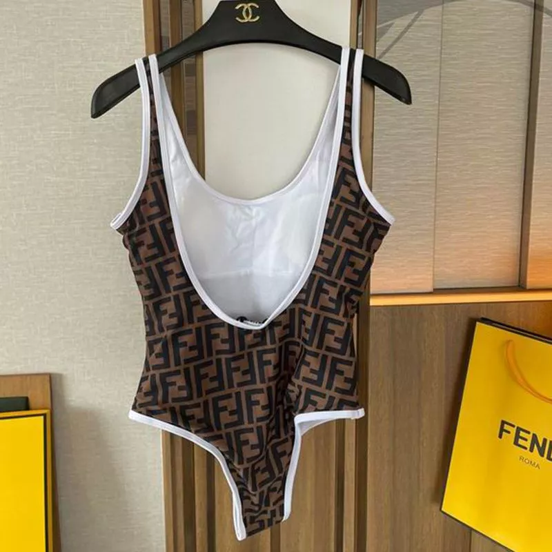 Vintage HOT Fendi Swimsuit Women FF Motif Lycra Brown White 0116