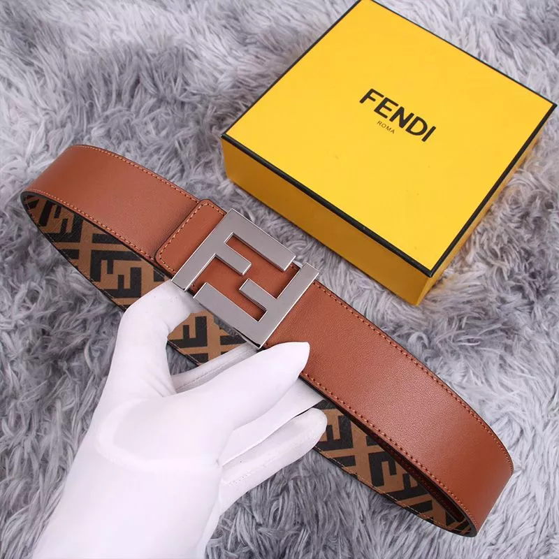 Affordable HOT Fendi FF Buckle Reversible Belt In FF Motif Fabric and Nappa Leather Brown Silver 0117