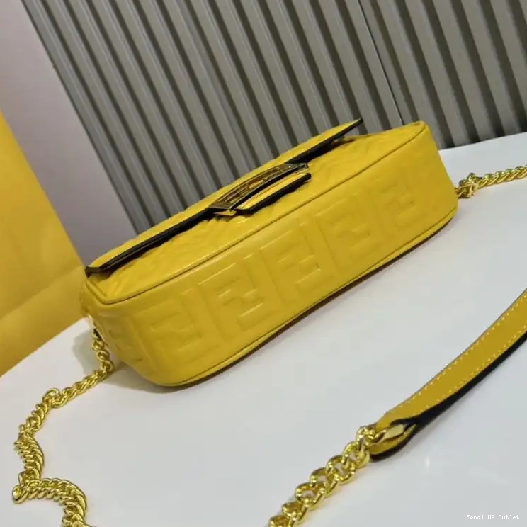 Vintage HOT Leather Nappa FF Motif Midi Fendi Bag Chain In Baguette Yellow 0303