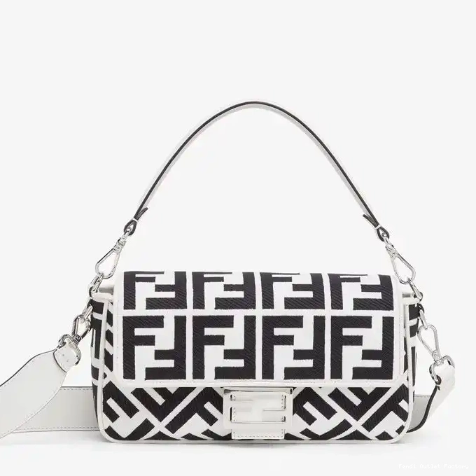 HOT Baguette Canvas Bag Medium White Black Fendi FF In Motif 0305