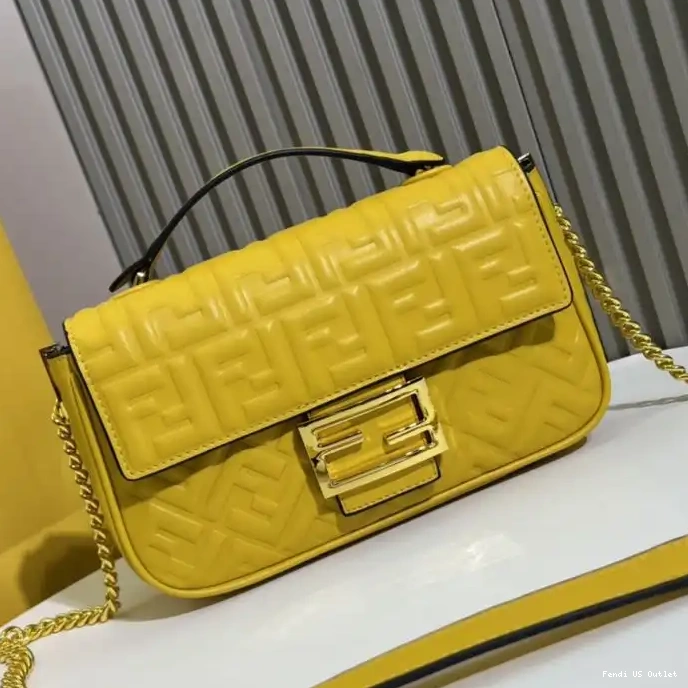 HOT Leather Nappa FF Motif Midi Fendi Bag Chain In Baguette Yellow 0303