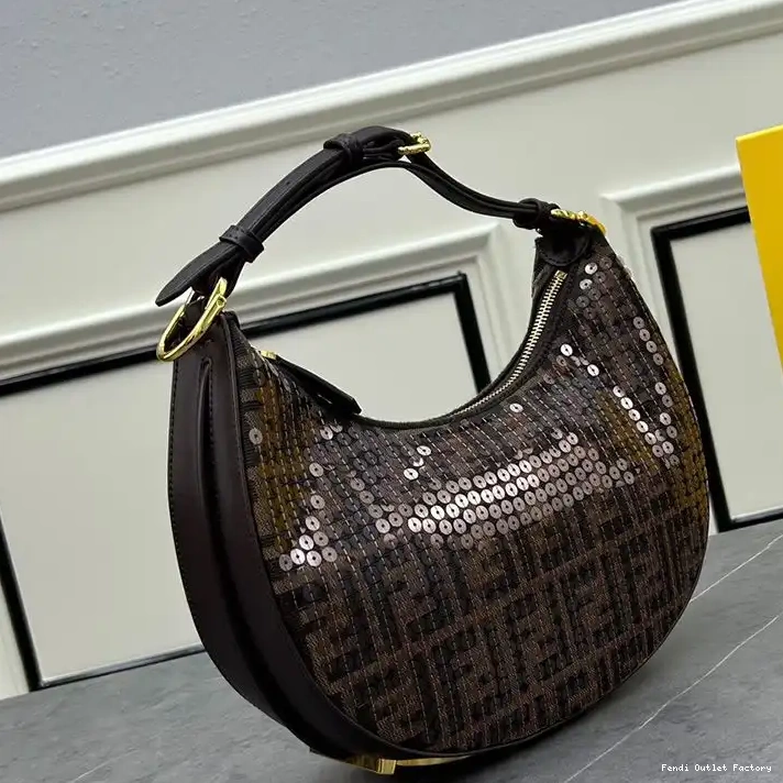 Affordable HOT with Fendigraphy Brown Fabric In Motif Hobo FF Sequins Bag Small Fendi 0322