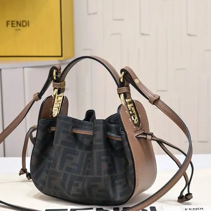 Affordable HOT Mini Fendi Bag FF Brown Bucket In Motif Pomodorino Fabric 0319