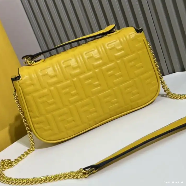 Vintage HOT Leather Nappa FF Motif Midi Fendi Bag Chain In Baguette Yellow 0303