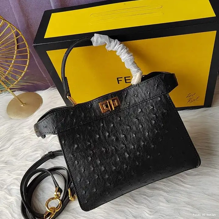 HOT Leather In Black Fendi Ostrich ISeeU Bag Peekaboo Petite 0306