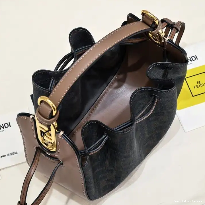 Affordable HOT Mini Fendi Bag FF Brown Bucket In Motif Pomodorino Fabric 0319